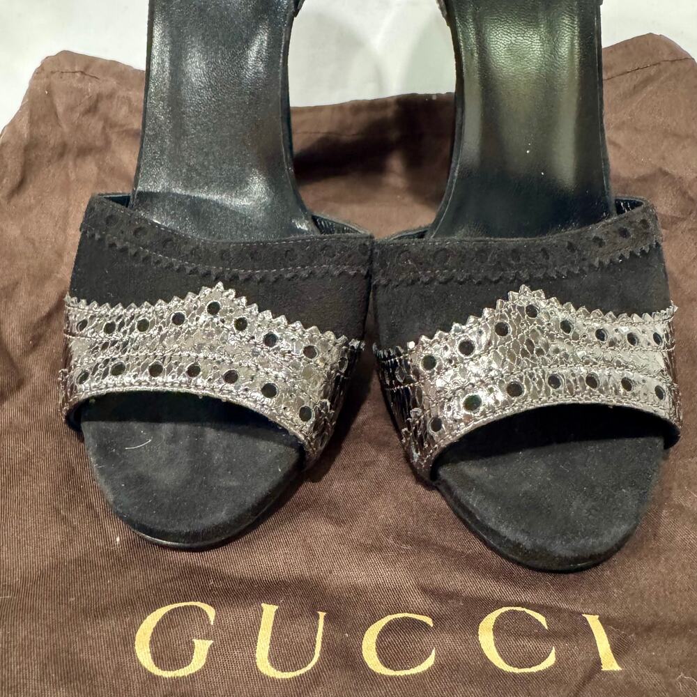 Gucci Black Suede Metallic Python Brogue Ankle Strap Heels 39 - Picture 3 of 10